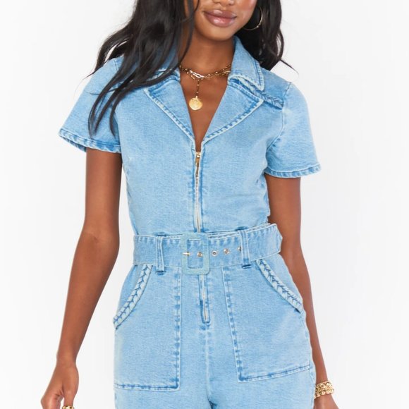 NWOT Show Me Your Mumu Outlaw Denim Jean Mini Romper Tide Blue - Picture 2 of 6